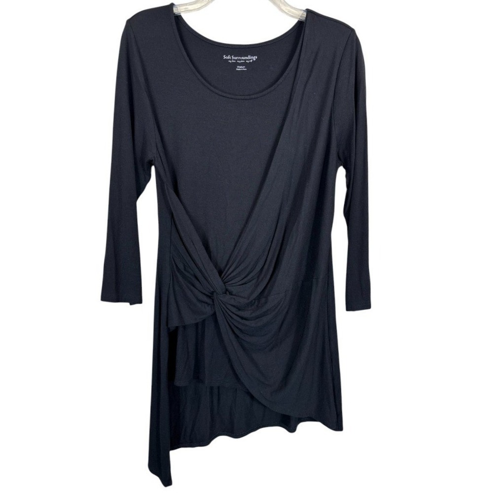 NOT FOR SALE Knot Front Tunic Top 3/4 Sleeve Asymmetrical Hem Medium Black